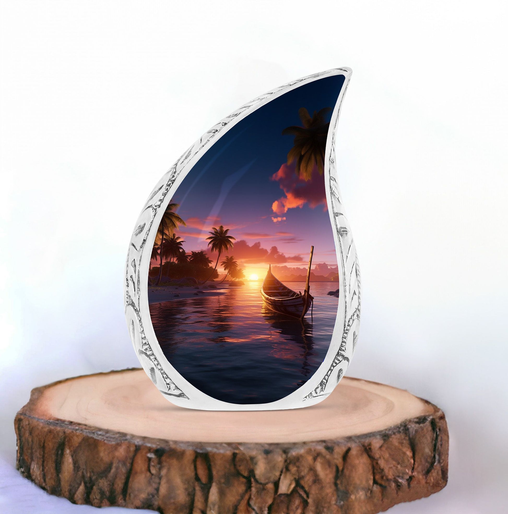 Large Tropical Sunset cremation urn, a unique funeral decoration designed to hold adult human ashes, made of sturdy metal