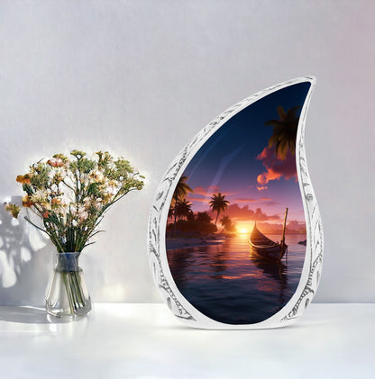 Large Tropical Sunset cremation urn, a unique funeral decoration designed to hold adult human ashes, made of sturdy metal