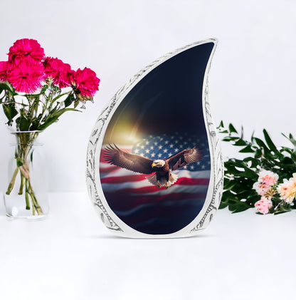 Large decorative eagle and stars urn, ideal for housing adult male human ashes