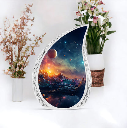 Large Cosmic Creation funeral urn, ideal for adult ashes, symbolizing remembrance and respect