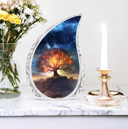 Large Celestial Tree Cremation Urn, elegantly crafted urn for preserving adult female human ashes, perfect for funeral decorations.