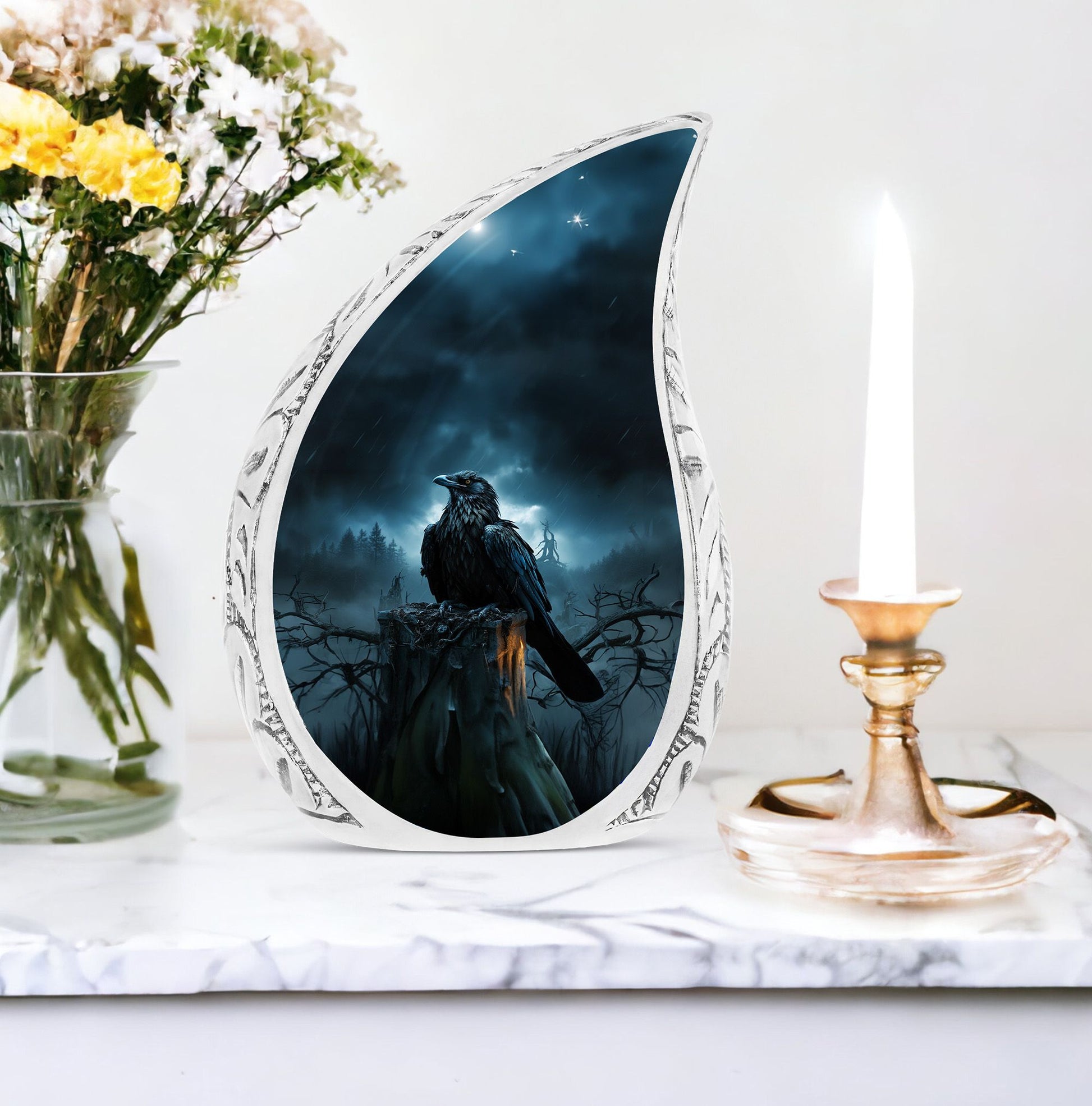 Large Raven's Vigil cremation urn for adult male ashes, suitable for funeral decorations and burial ceremonies
