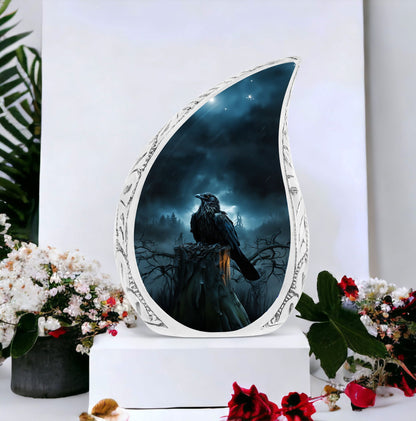 Large Raven's Vigil cremation urn for adult male ashes, suitable for funeral decorations and burial ceremonies