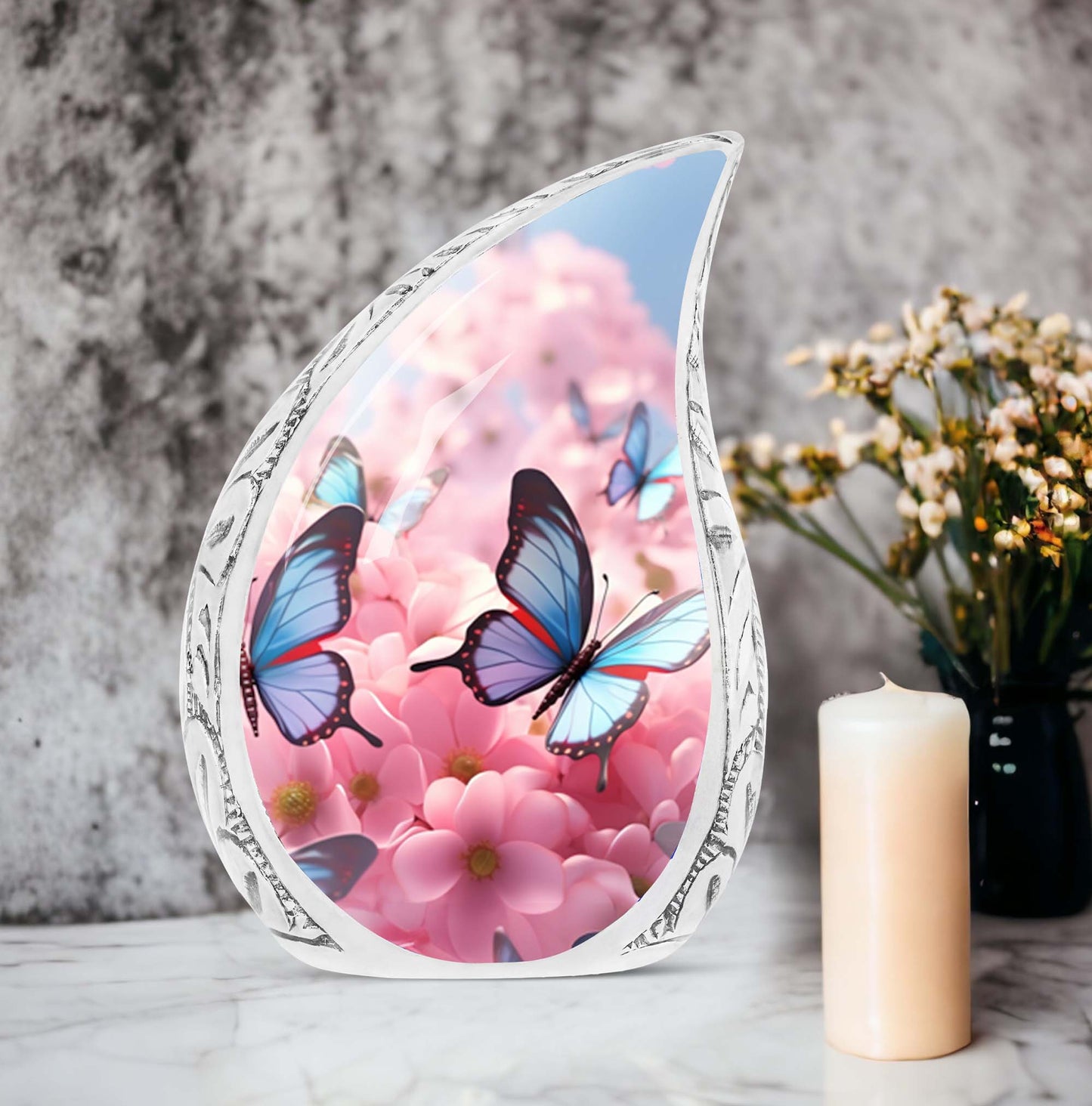 Flying Butterfly on Pink Meadow Cremation Urn | Memorial Urn