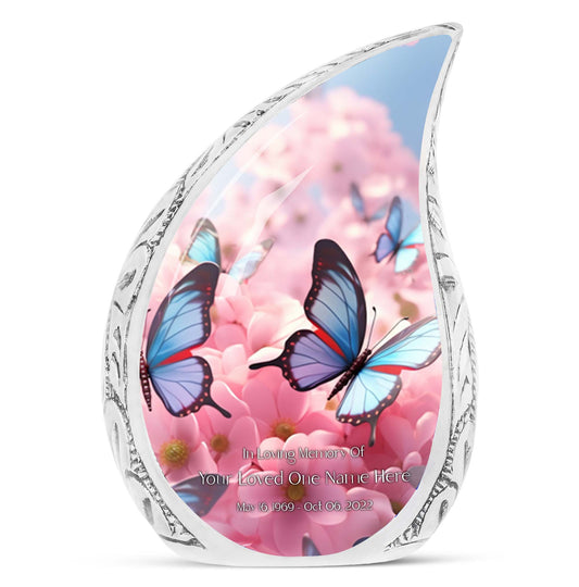 Blue Flying Butterfly on Pink Meadow Cremation Urn | Memorial Urn