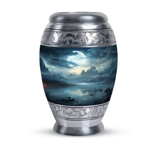 Moonlit Monar Urn, a large metal cremation urn, customizable with engraved names, has capacity for 200 cubic inches of ashes