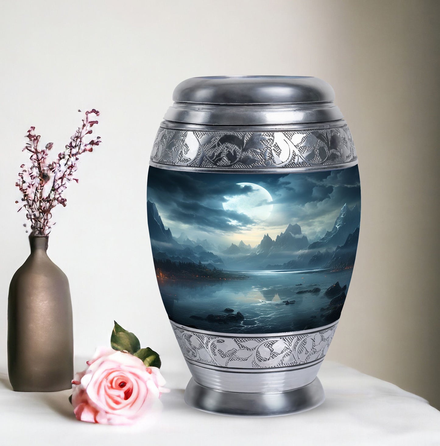 Moonlit Monar Urn, a large metal cremation urn, customizable with engraved names, has capacity for 200 cubic inches of ashes