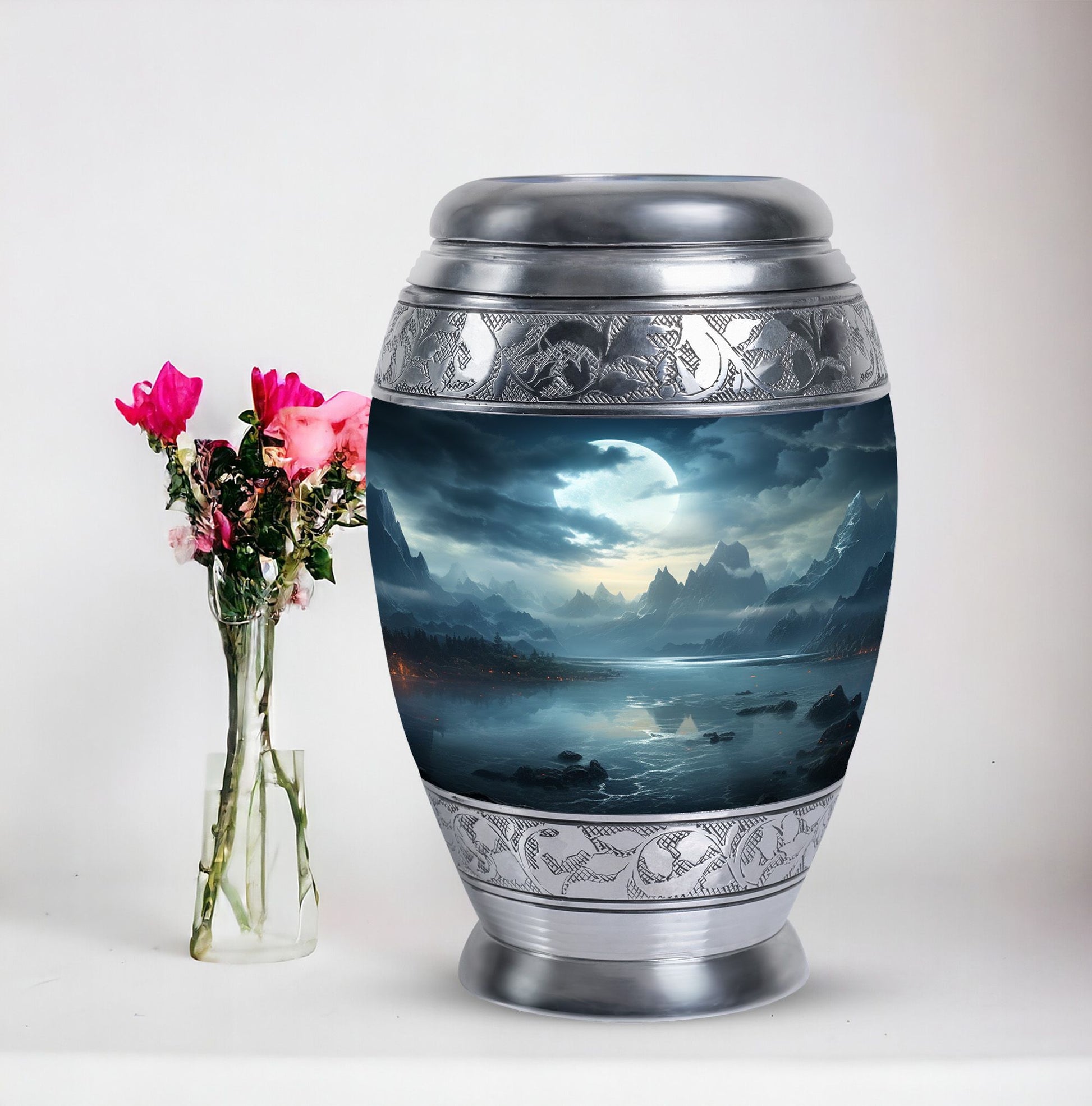 Moonlit Monar Urn, a large metal cremation urn, customizable with engraved names, has capacity for 200 cubic inches of ashes