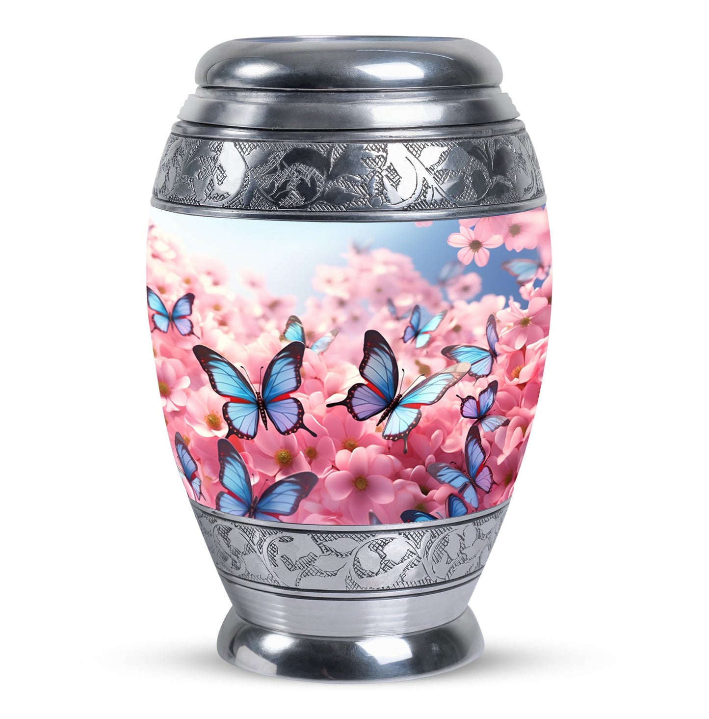 Blue Flying Butterfly on Pink Meadow | Large Cremation Urn For Ashes