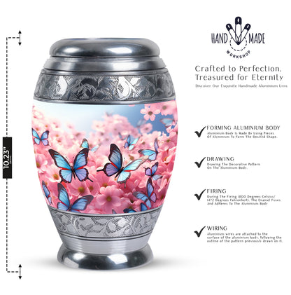 Blue Flying Butterfly on Pink Meadow | Large Cremation Urn For Ashes