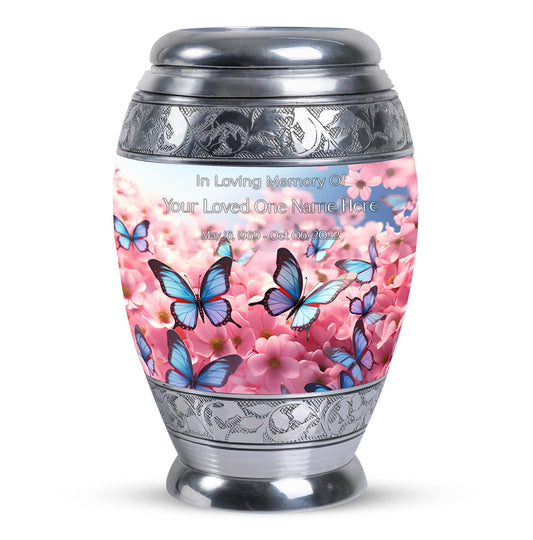 Blue Flying Butterfly on Pink Meadow cremation urn for cremated human ashes