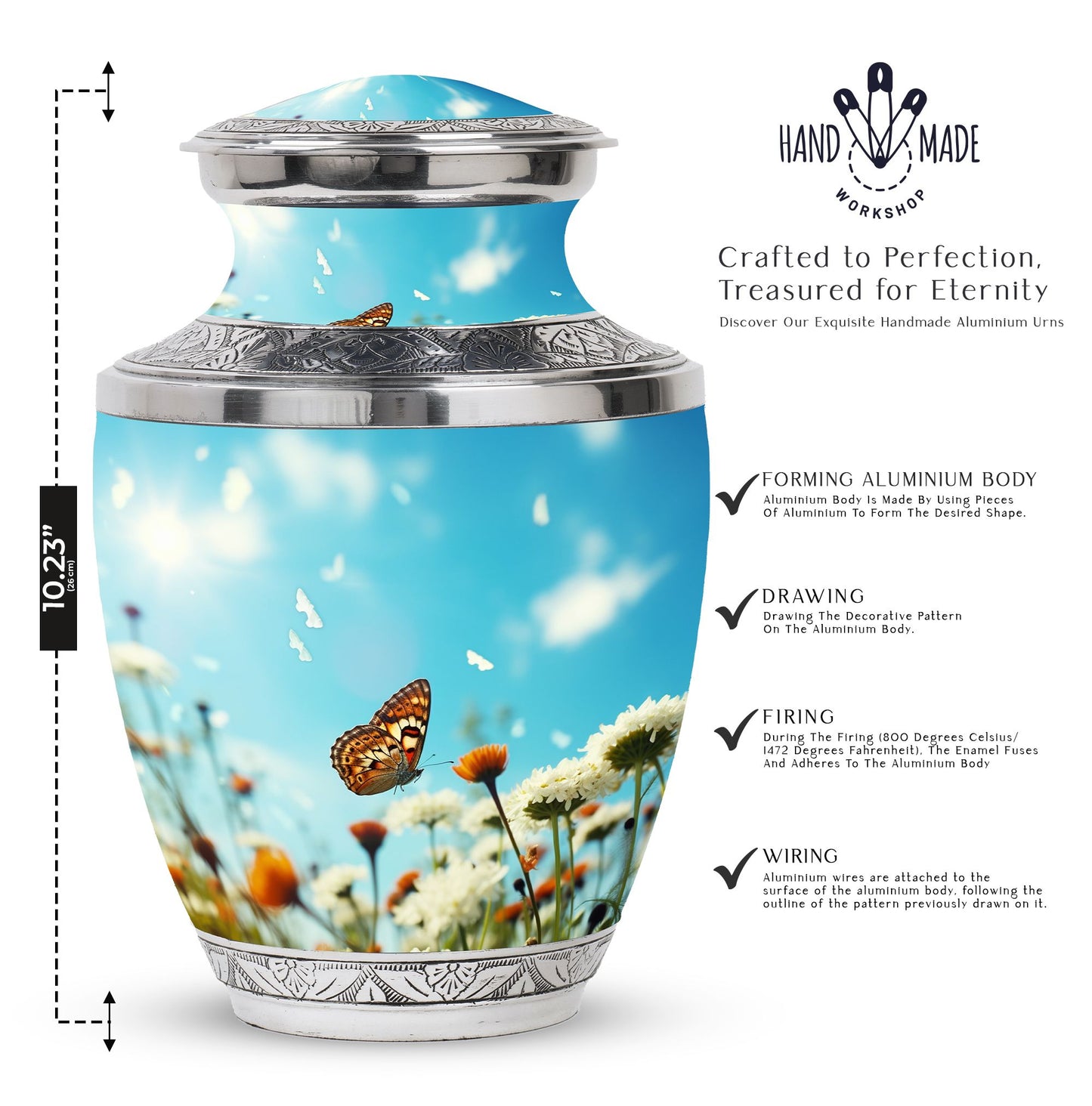 Decorative, colorful butterflies urn used for human ashes, ideal for adult cremation or burial