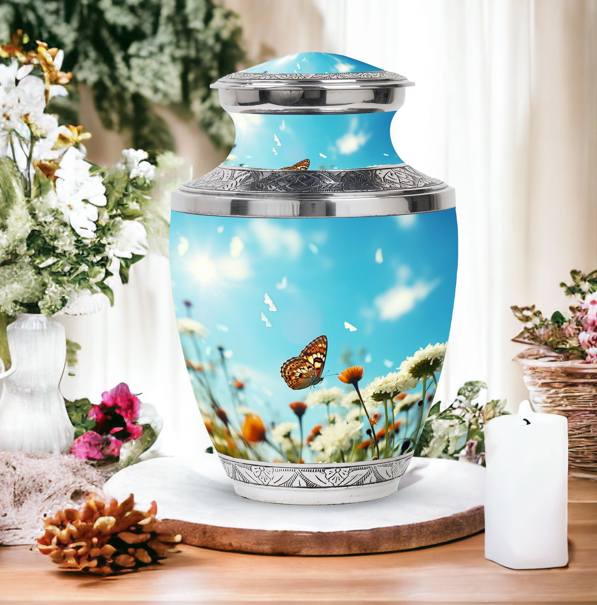 Decorative, colorful butterflies urn used for human ashes, ideal for adult cremation or burial