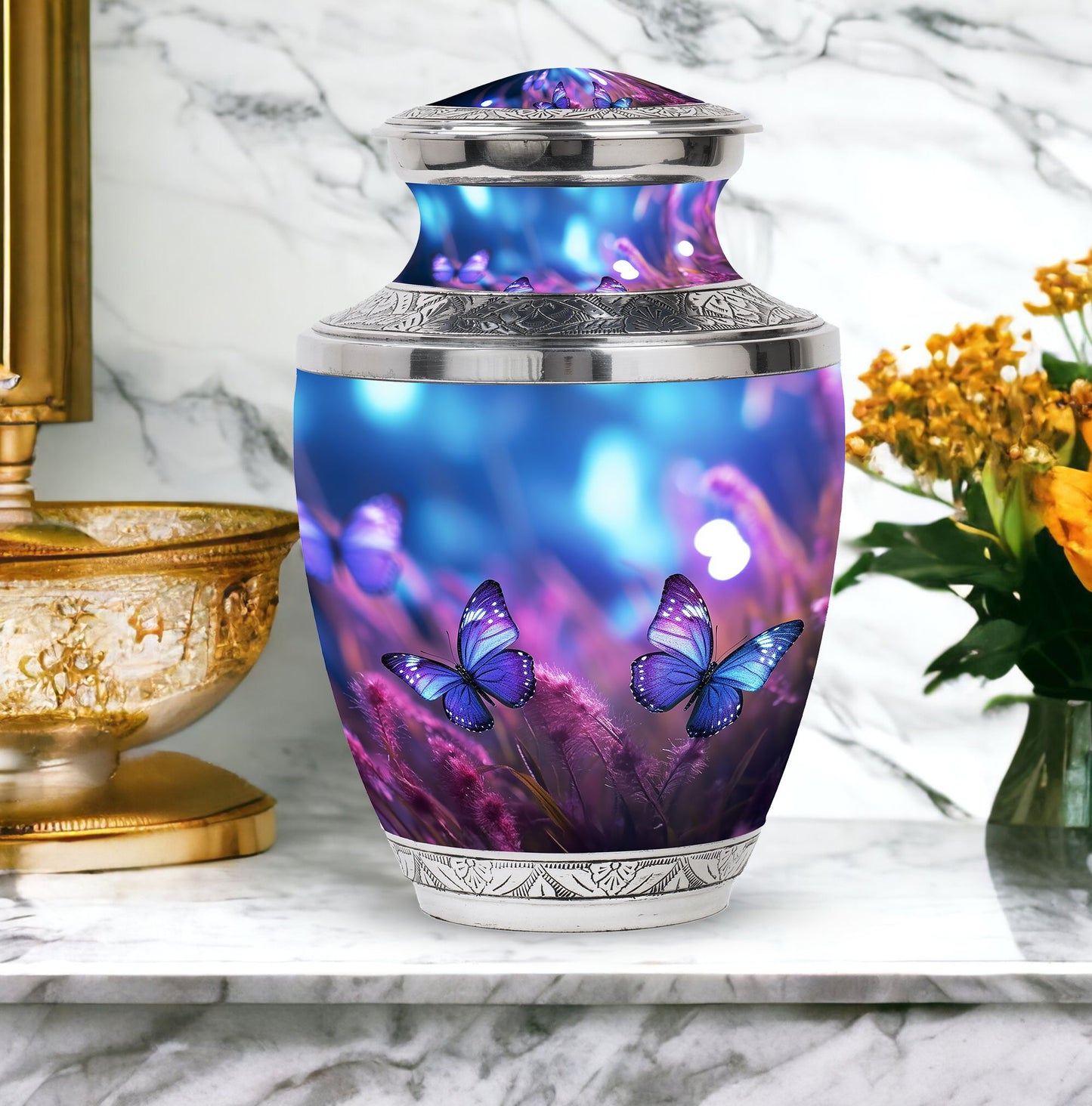 Butterflies Fly Sunset Urn, a stunning metal funeral urn for adult ashes, specially designed for women