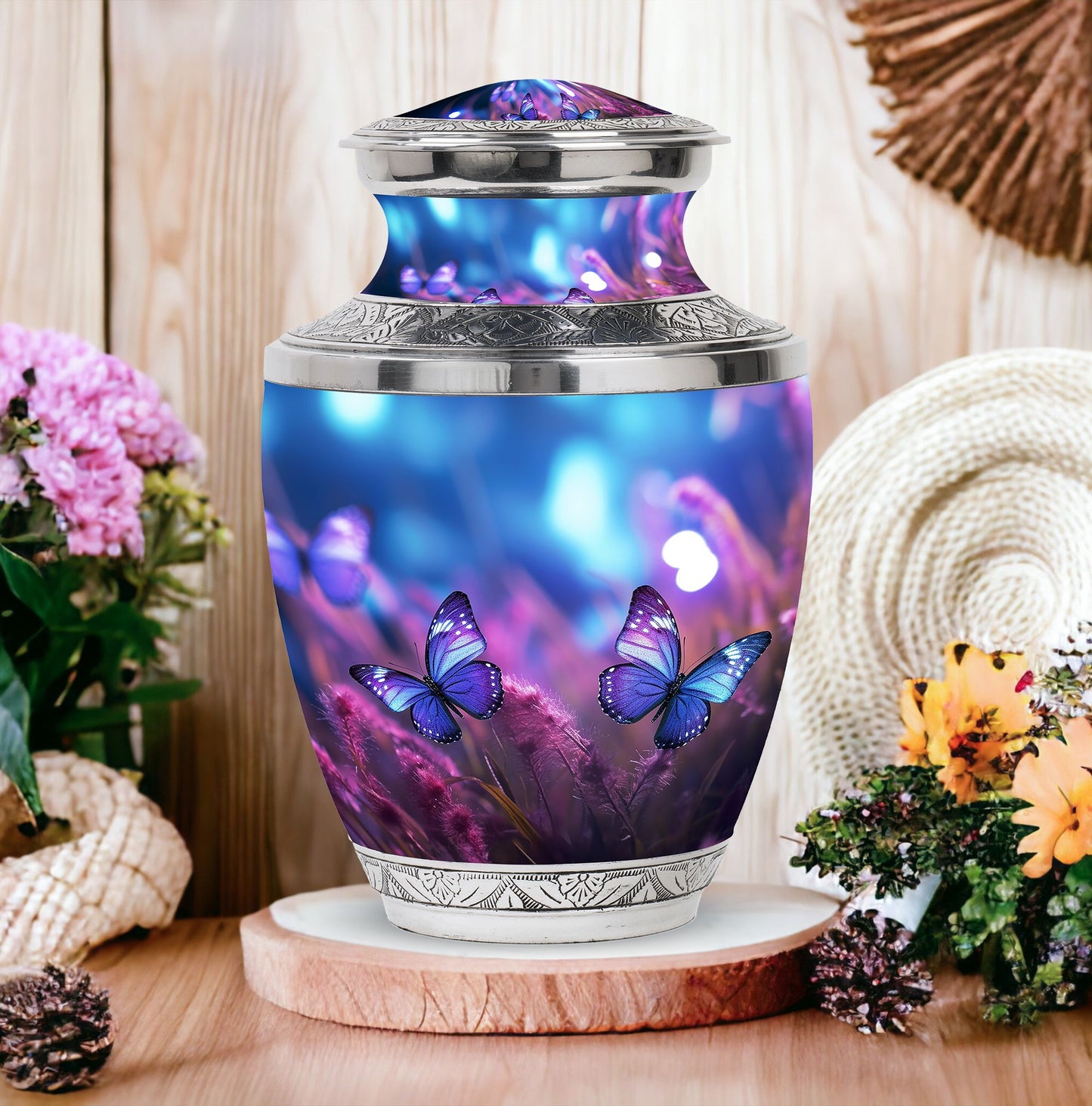 Butterflies Fly Sunset Urn, a stunning metal funeral urn for adult ashes, specially designed for women