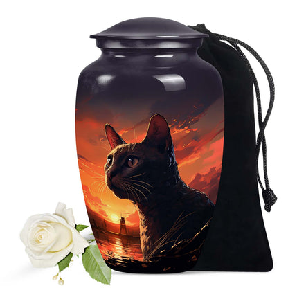 Unique Cat and Sunset Pet Cremation Urn | Vessel For Cat Ashes