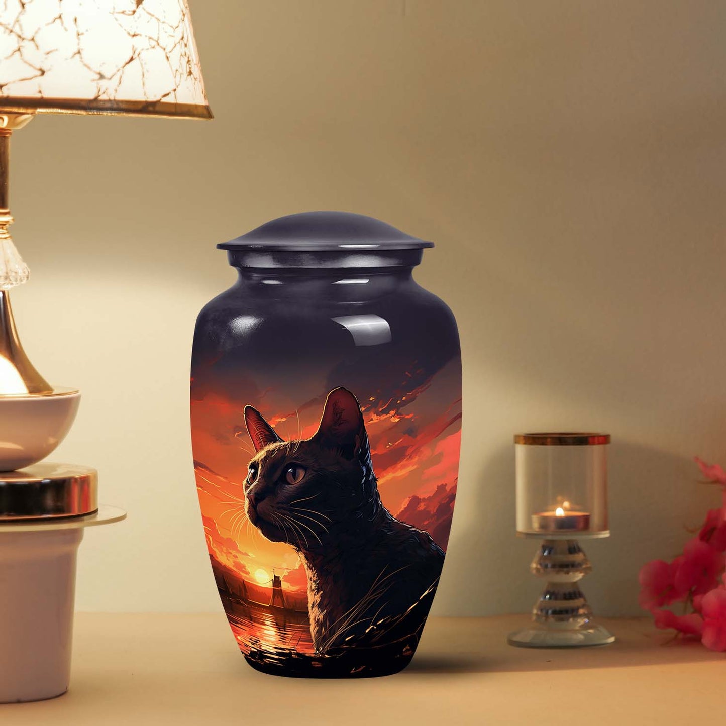 Large pet urn featuring a unique cat design with a stunning sunset backdrop, perfect for preserving ashes.