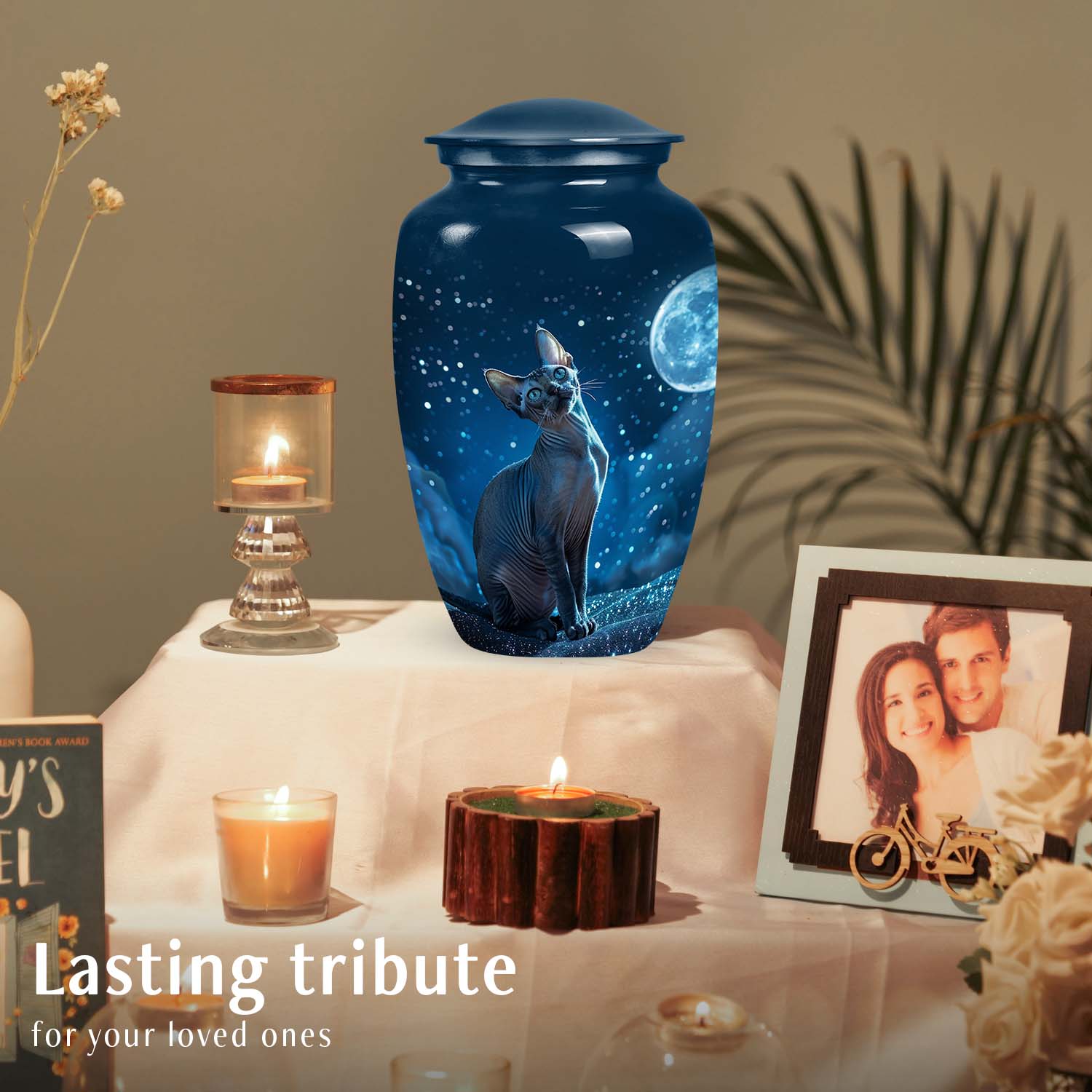 Large pet urn featuring a cat against a moonlit sky, ideal for cat cremation ashes