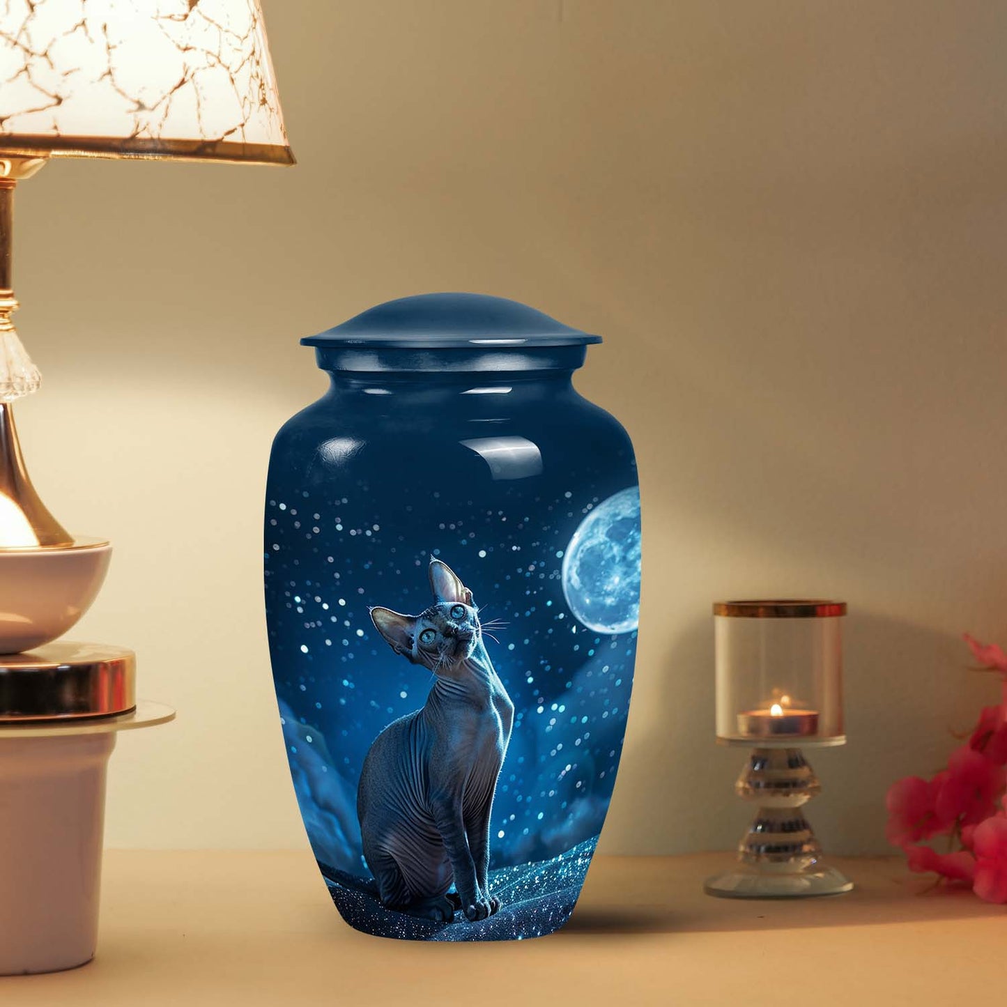 Large pet urn featuring a cat against a moonlit sky, ideal for cat cremation ashes