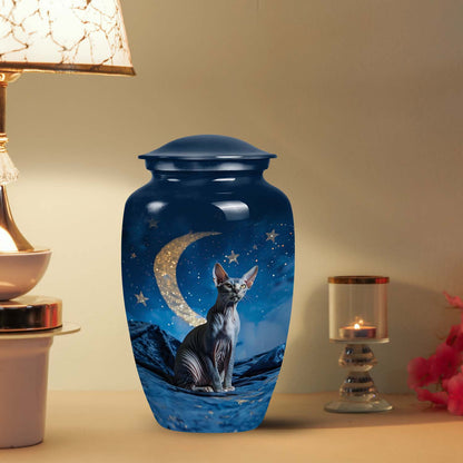 Large pet urn themed with Cat amongst Stars and Moon, a dignified memorial urn for your beloved cat