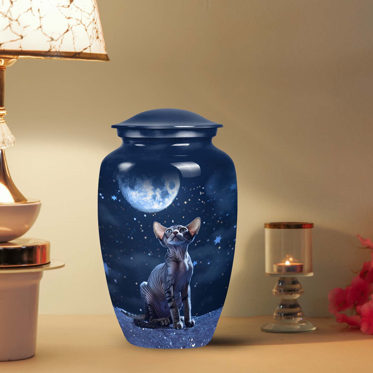 Unique Cat with Moon designed large pet Urn for cat cremation