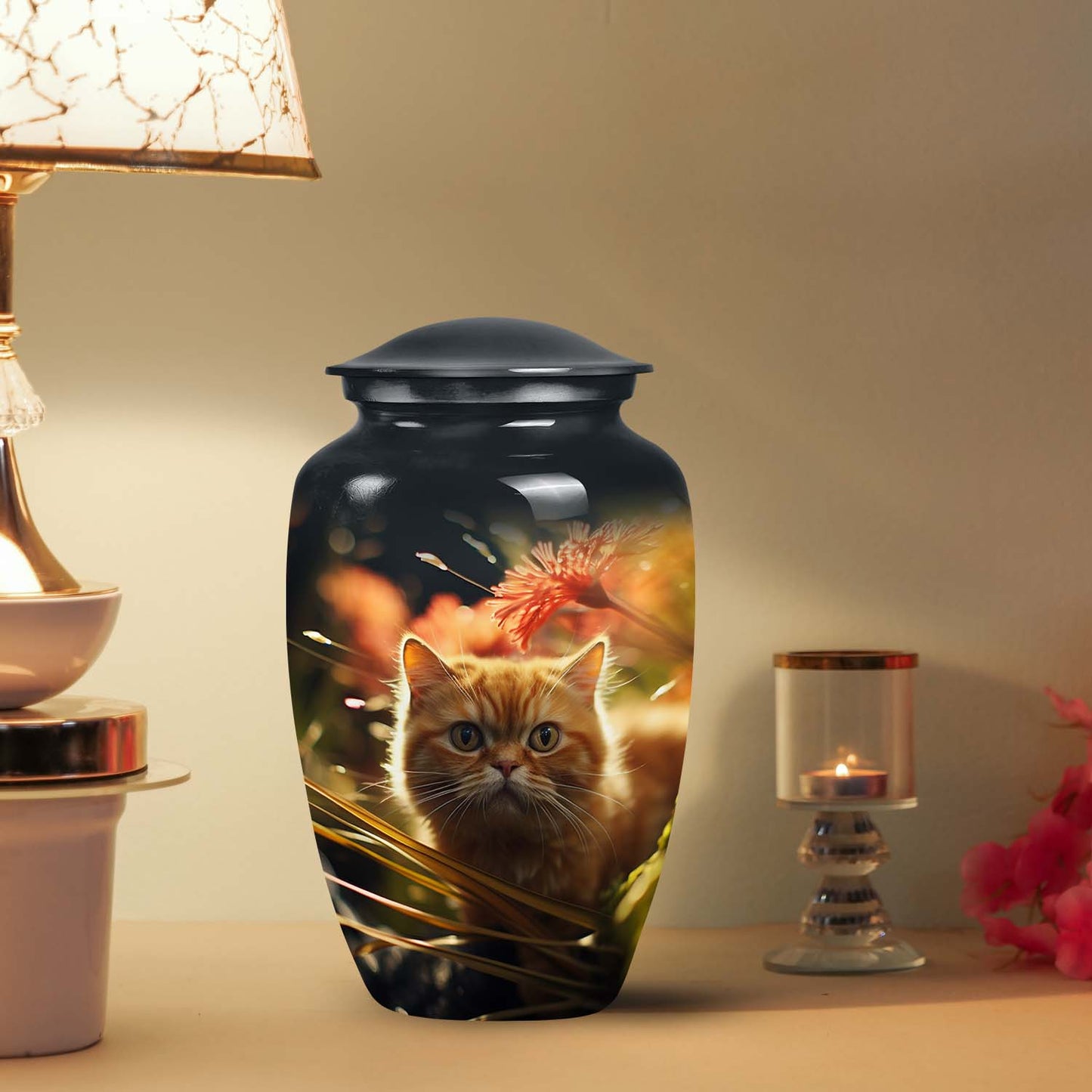Delicately designed floral cat large pet urn, ideal for memorial purposes