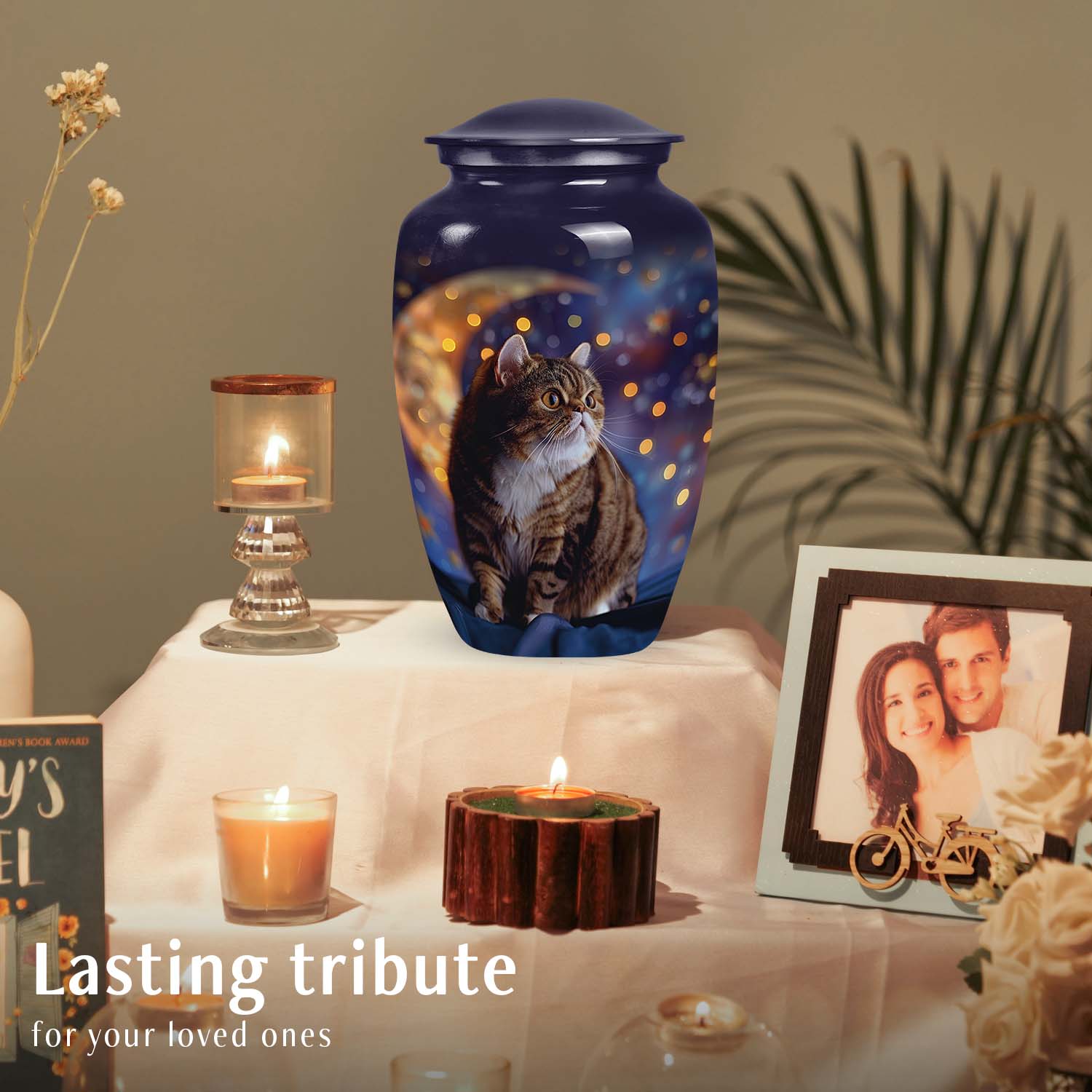 A unique large cat urn with a starry design, perfect as a pet memorial