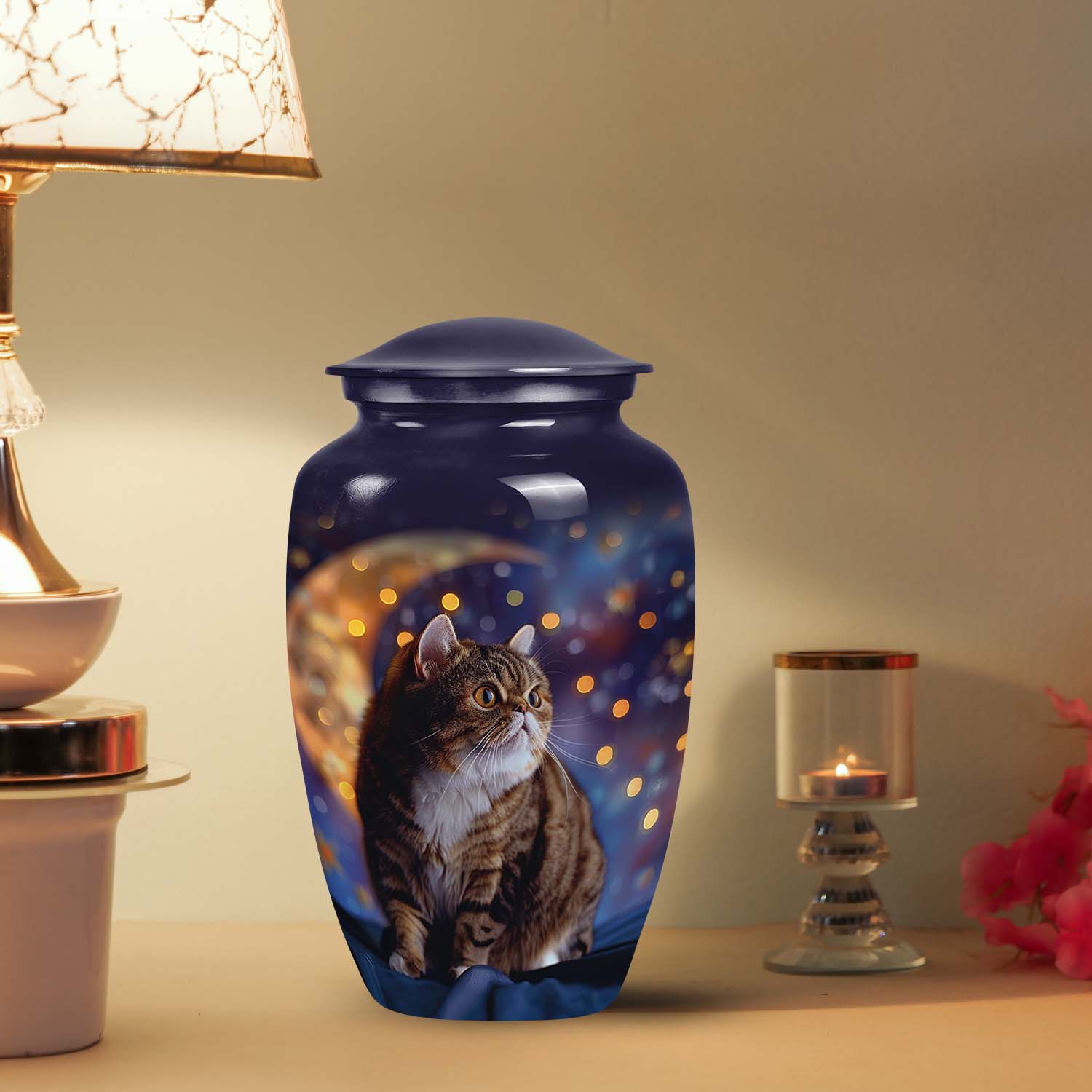 A unique large cat urn with a starry design, perfect as a pet memorial