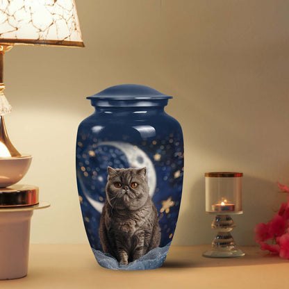 Large pet cremation urn with a unique moonlit cat design for cherishing memories