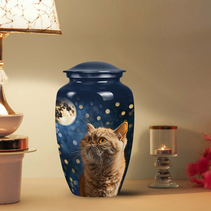Large Cat Urn with unique moon design, ideal for storing ashes, reflecting a theme of cat urns