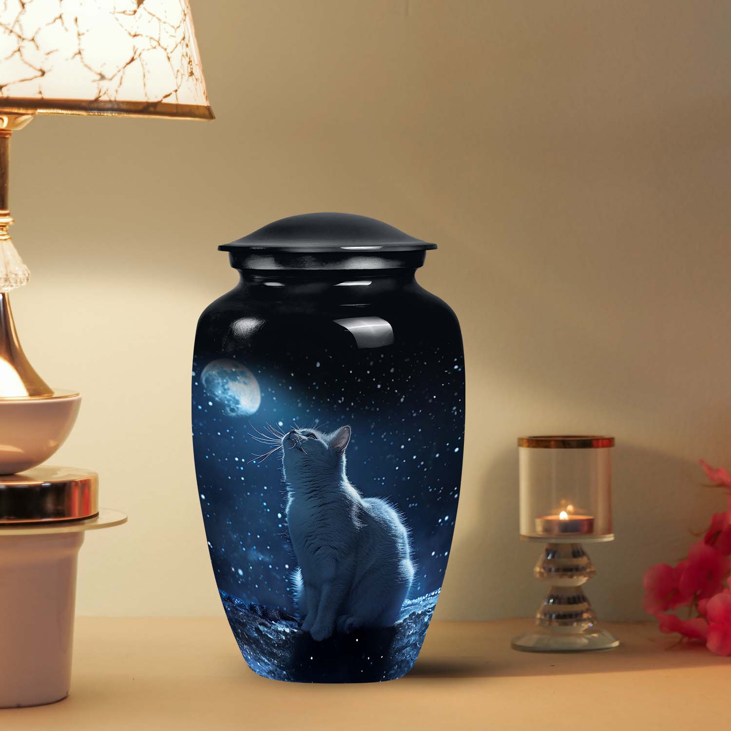 Unique large Cat Urn design inspired by a moon, perfect option for pet ashes.