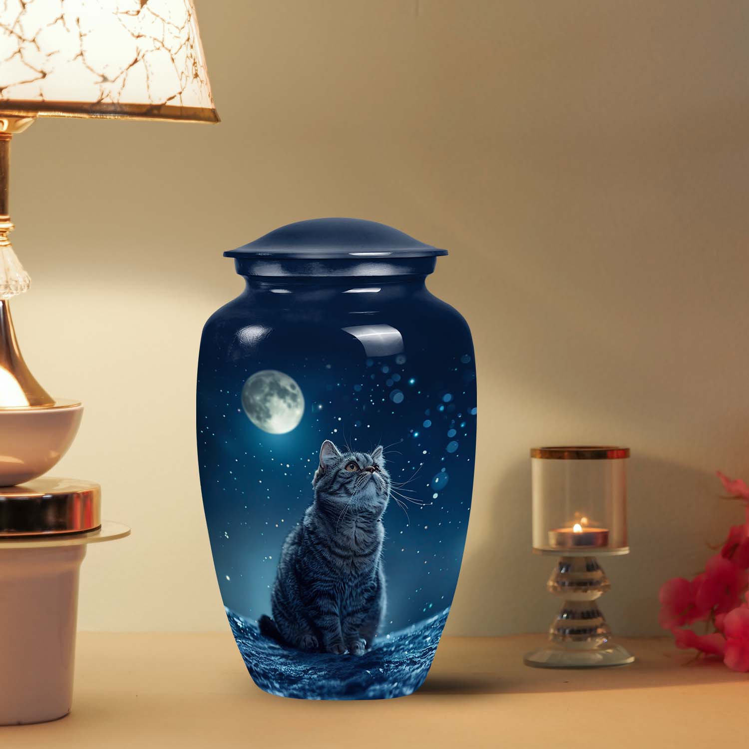 Large Cat Urn with a unique Moonlit Cat Design, a perfect Memorial Urn for loved pets