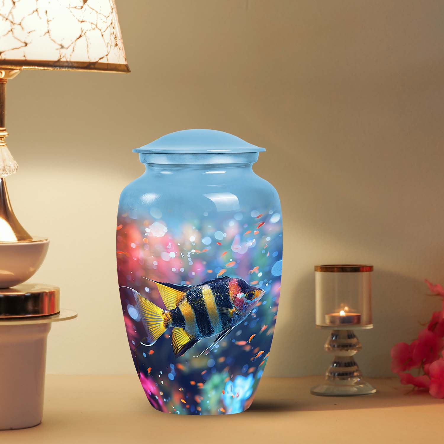 Large, colorful fish-themed cremation urns in metal for burial
