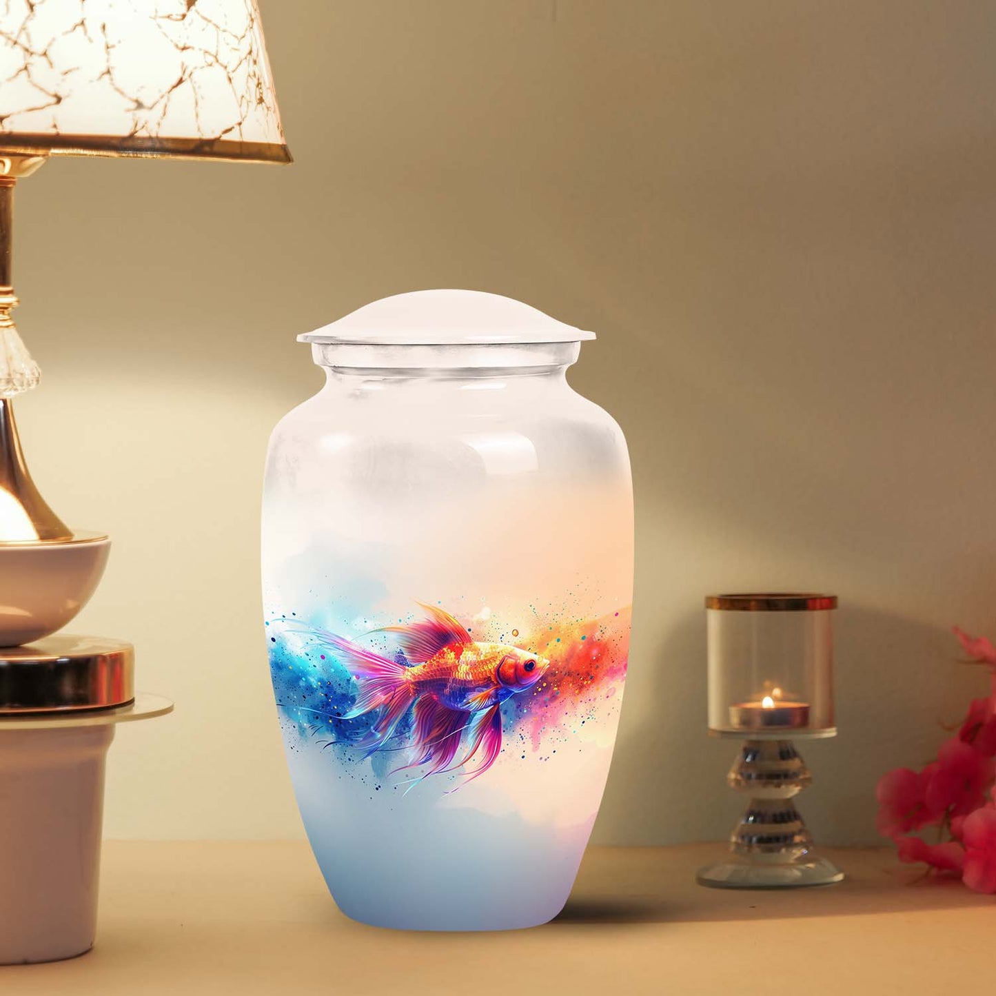 Large, colorful Fish Urn designed as dignified burial urn for human ashes, part of metal cremation urn product range