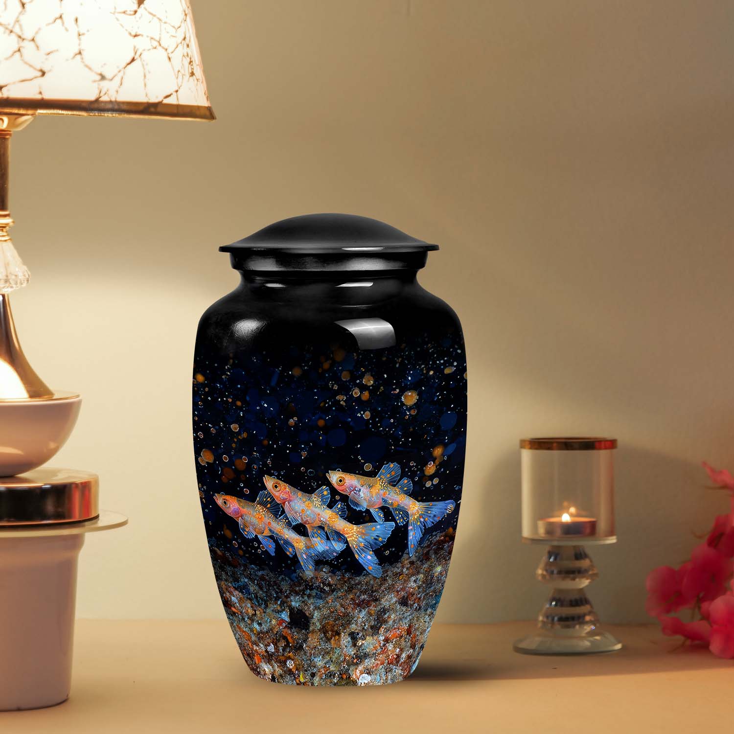 Large Fish Urn, distinct cremation box for human ashes, designed as a small aquarium