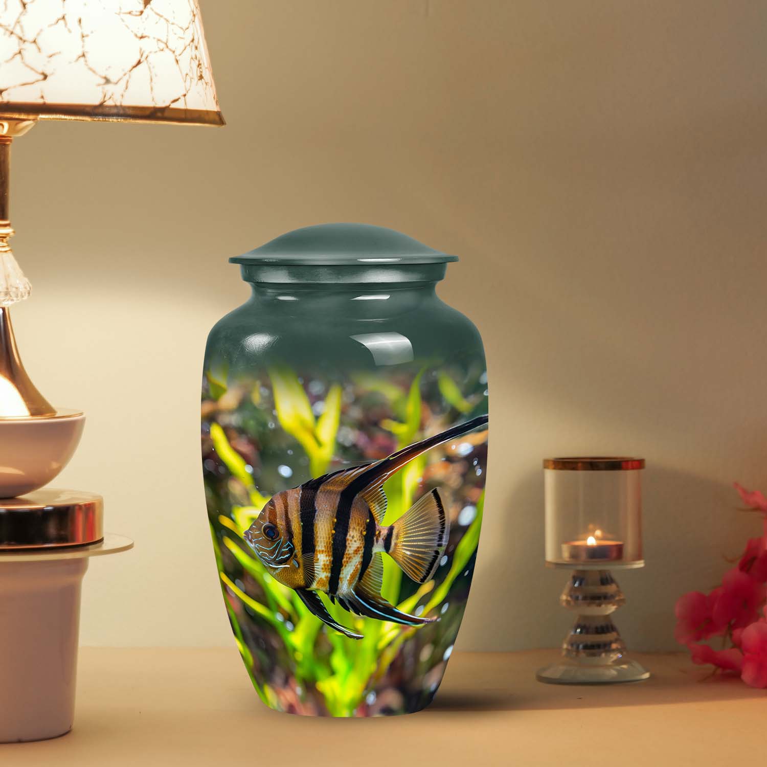 Large Tropical Elegance Angelfish Urn ideal for human remains, a symbolic fish urn for ashes burial and funeral use.