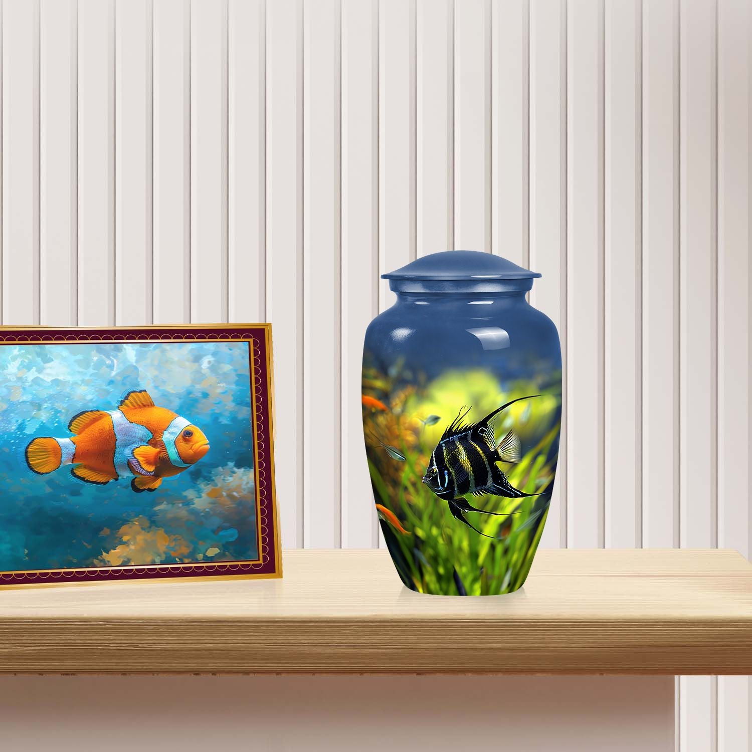 Radiant Reef Angelfish Large Urn, a unique ash container distinctly themed for coastal lovers and fish enthusiasts, perfect for funeral burials